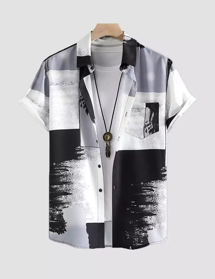 BLACK AND WHITE SQUARE PRINTED MENS COTTON SHIRT HALF SLEEVES