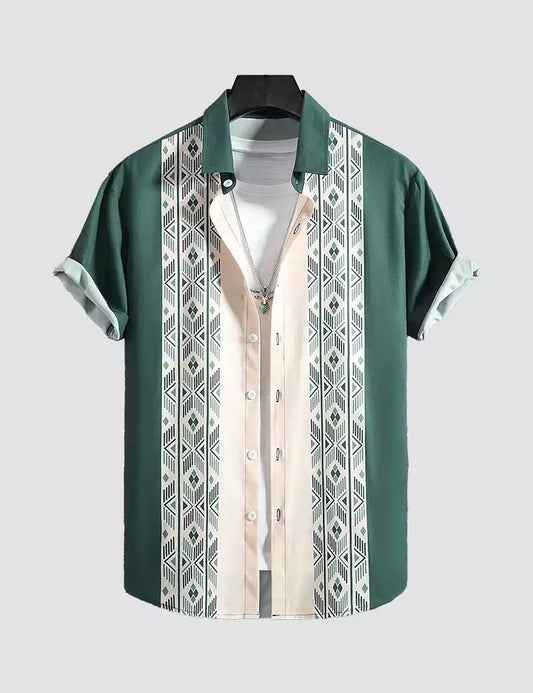 CREAM GREEN DESIGN MENS HALF SLEEVES COTTON SHIRTS