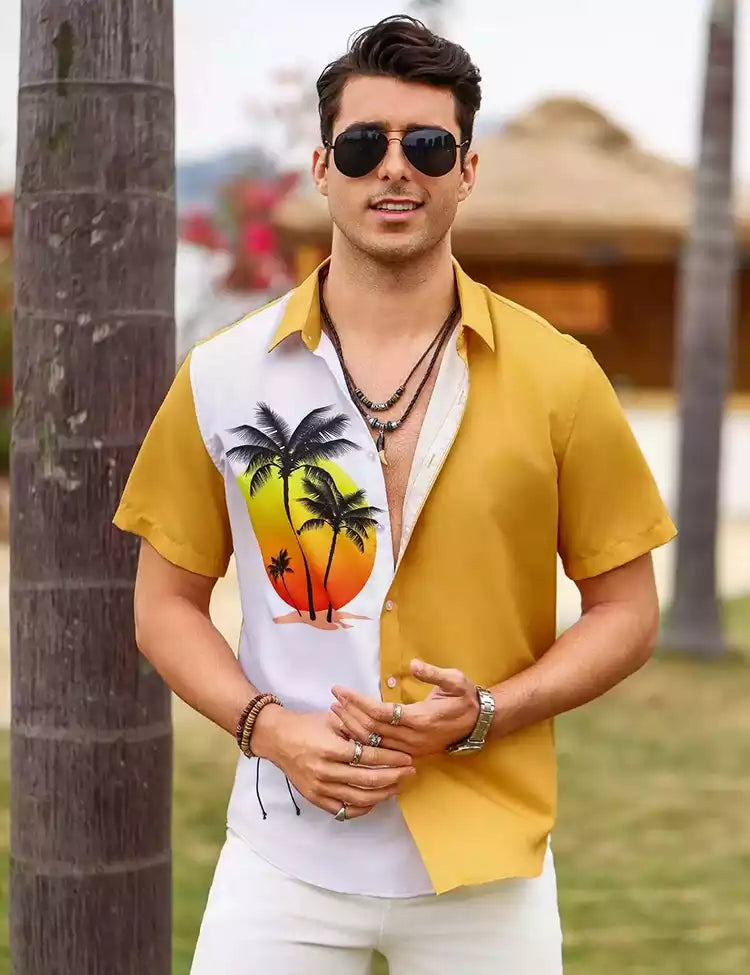 BEACH ON YELLOW DESIGN MENS HALF SLEEVE COTTON SHIRT