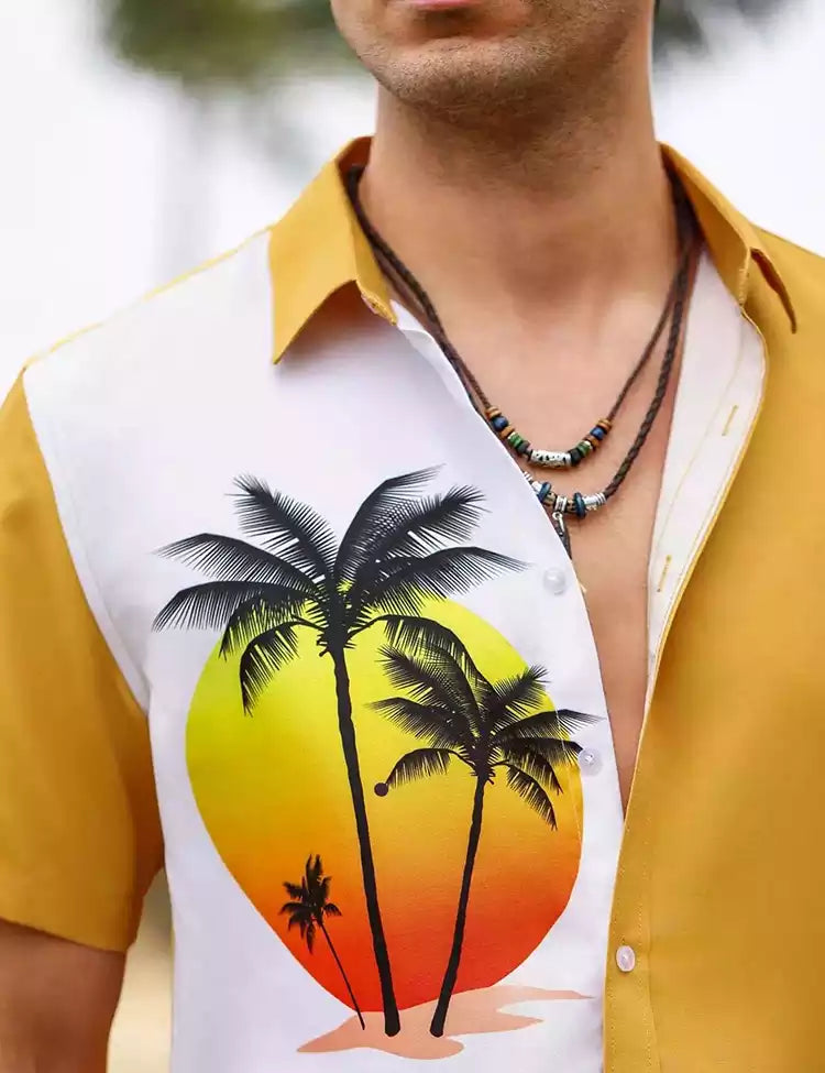 BEACH ON YELLOW DESIGN MENS HALF SLEEVE COTTON SHIRT