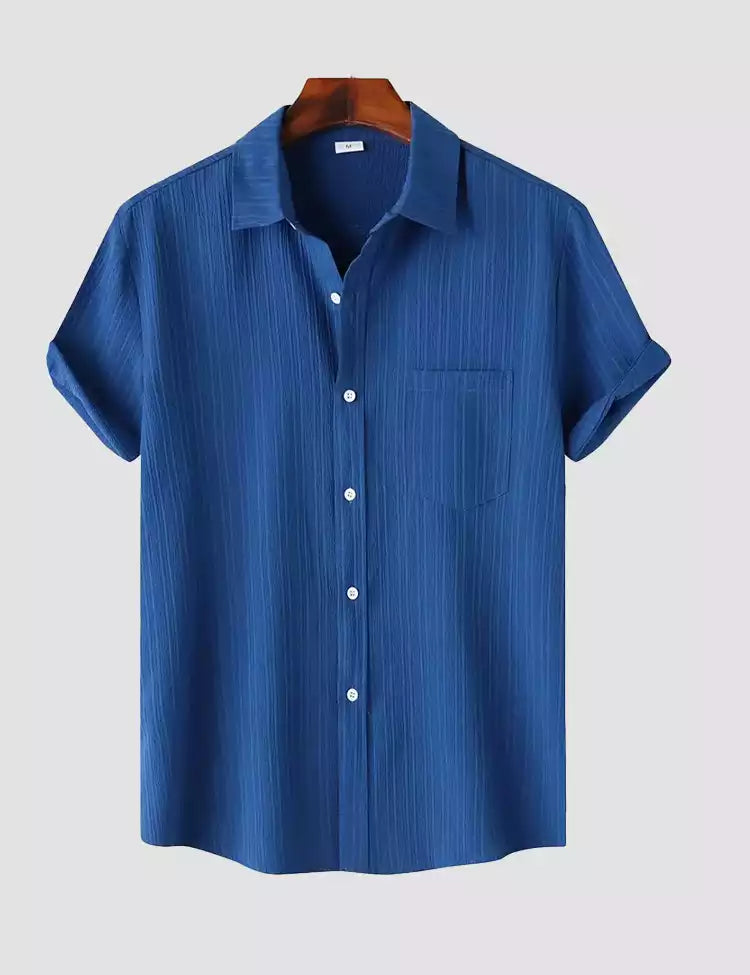 BLUE COLOR MENS COTTON SHIRT AND ONE POCKET ON LEFT CHEST HALF SLEEVES