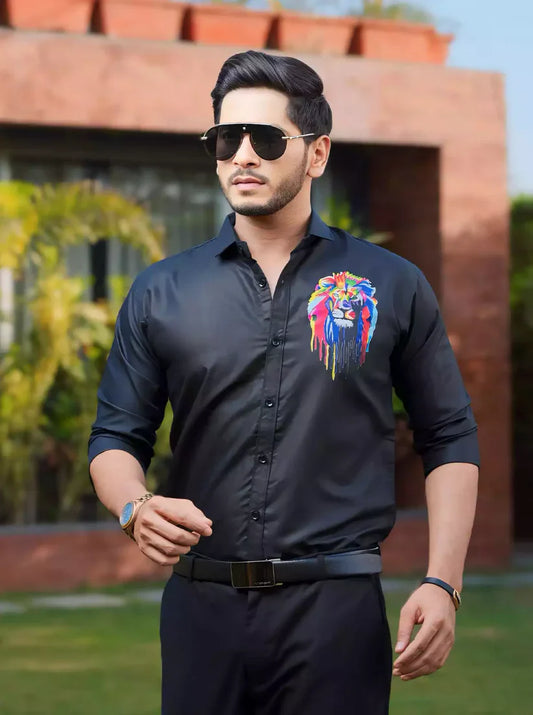 BLACK MULTICOLOR LION MENS FULL SLEEVES FORMAL SHIRT PARTY WEAR