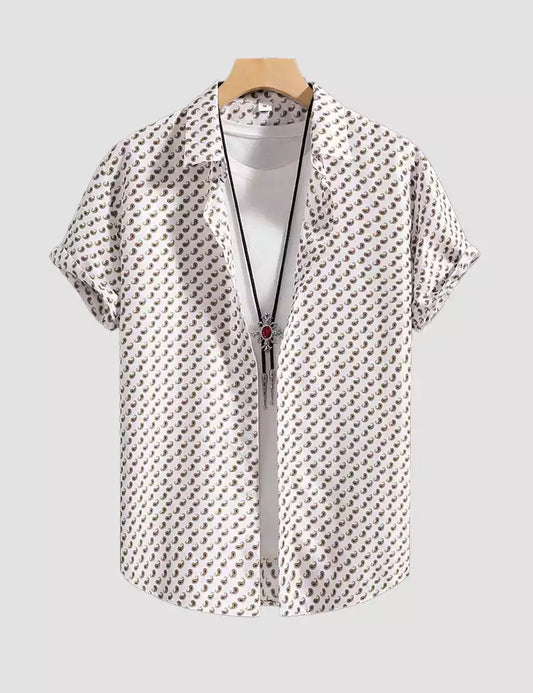 ALLOVER BROWN ON WHITE PRINTED MENS COTTON SHIRT HALF SLEEVES