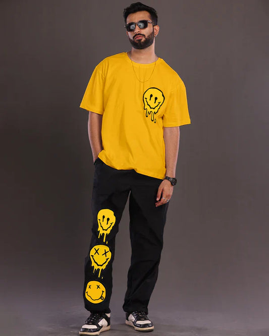 Men's Smiley Oversized Co-ord Set - Vibrant Yellow & Black