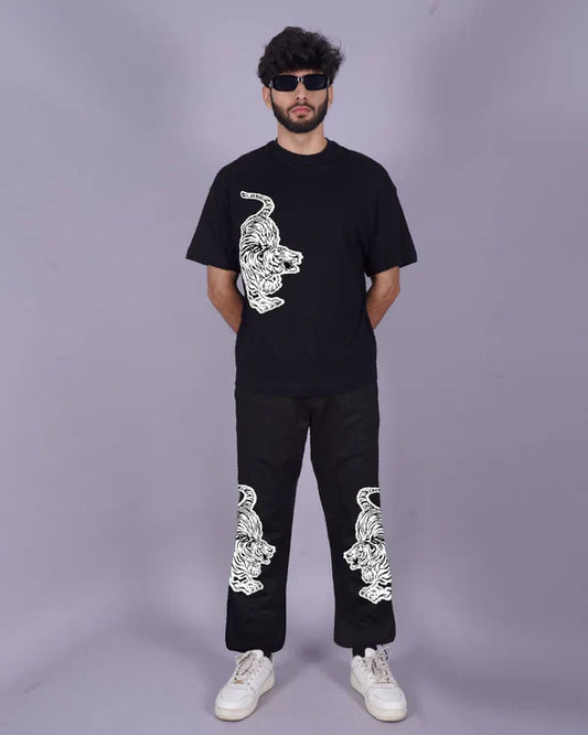 Men's Black Co Ord Oversized Set with Snow Tiger Theme