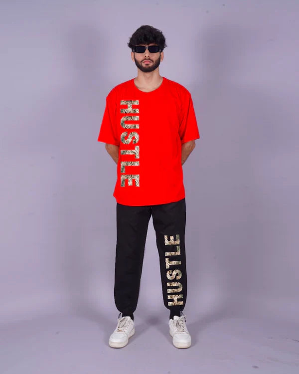 Hustle Hard: Men's Hustle Oversized Co-ord Set in Red and Black