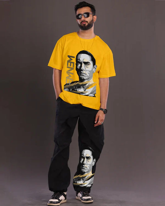 Men's Eminem Graphic Oversized Co-Ord Set - Yellow and Black