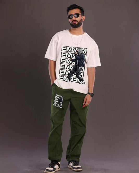 Men's Eminem Oversized Co-Ord Set - White and Olive